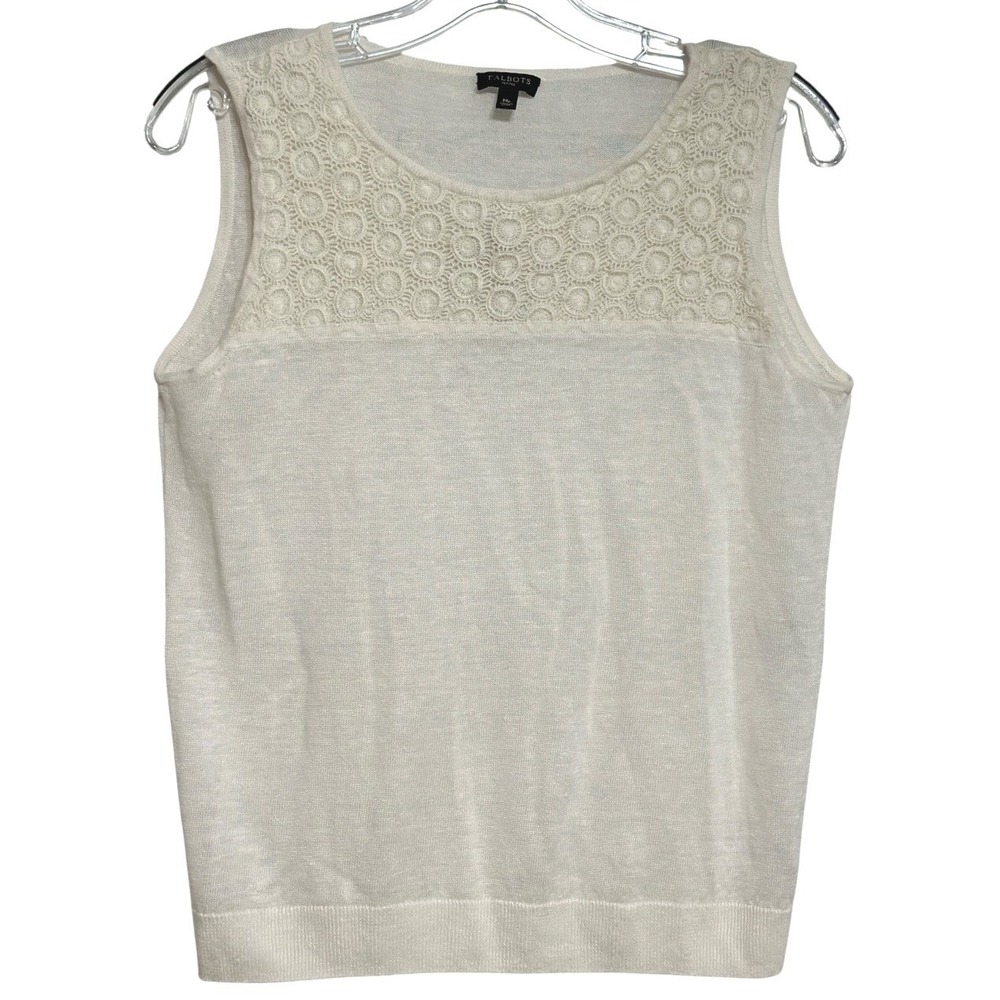 Talbots Shell Tank Top Women Cream Linen Crochet Lace Knit Coastal Elegant MP